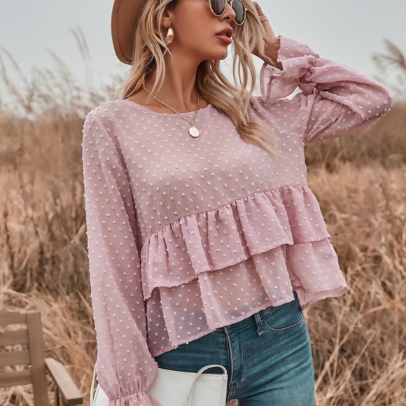 pink swiss dot ruffle babydoll long sleeve top - Picture 5 of 5